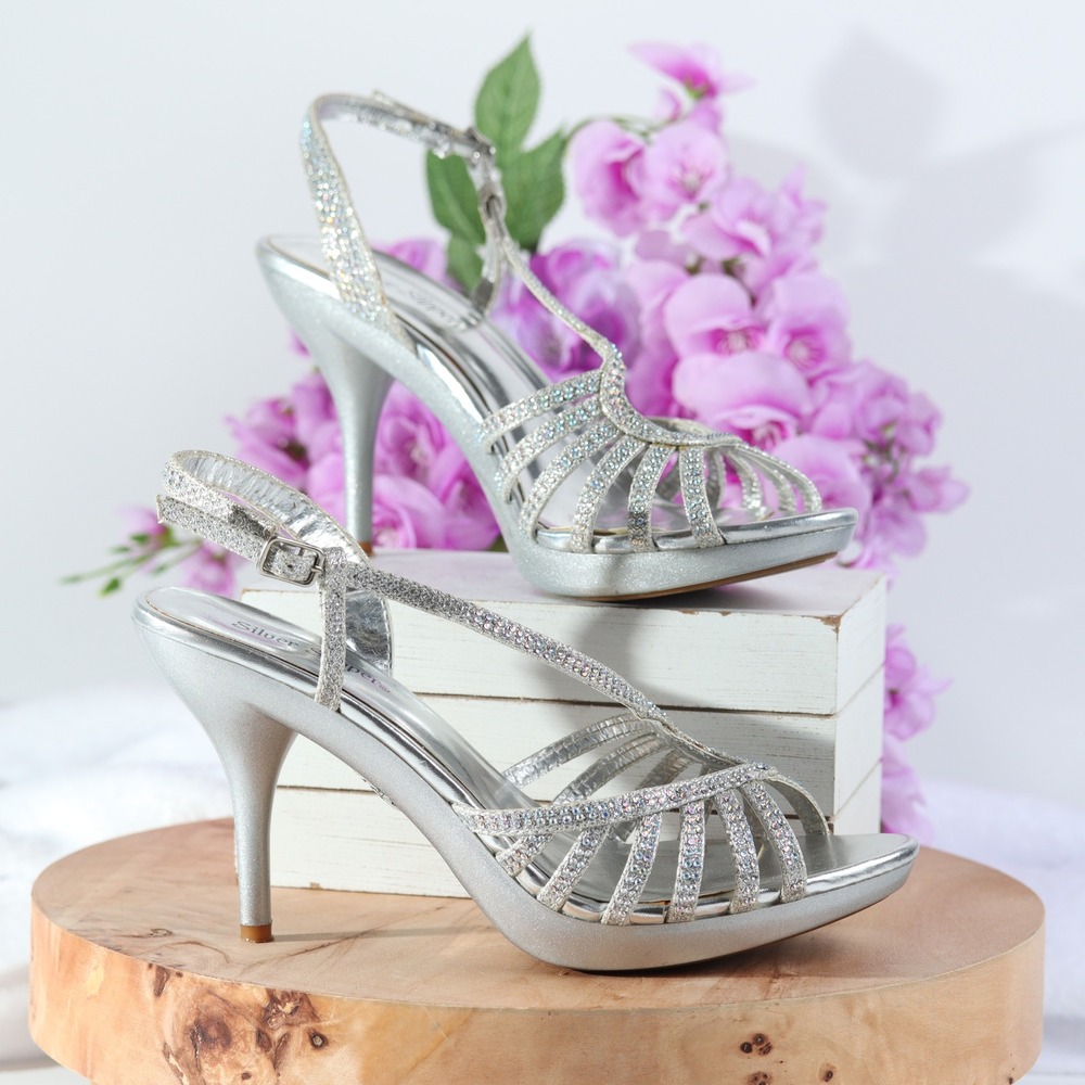Silver Slipper Womens Rhinestone Strappy Platform Heels Metallic Silver Formal